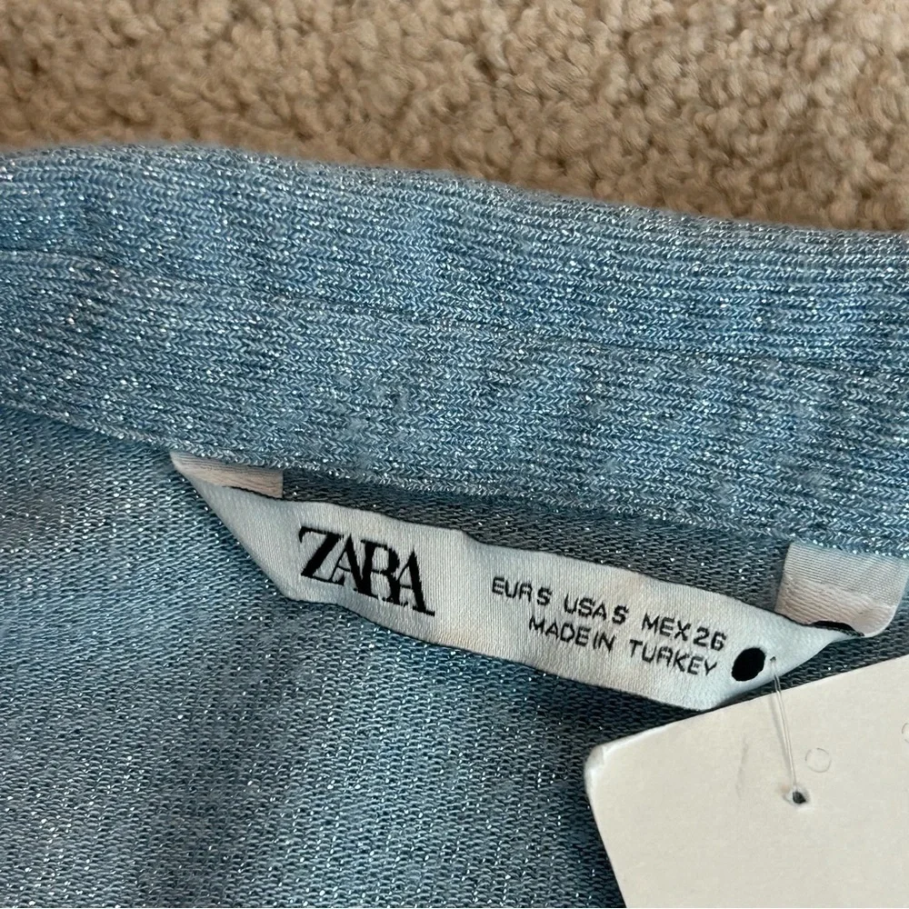 Zara light blue shimmer metallic glitter long sleeve keyhole collared blouse top - Picture 9 of 16
